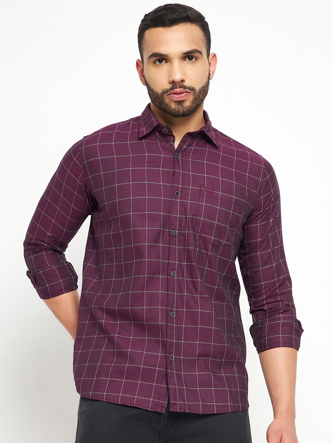 

Duke Men Comfort Slim Fit Checked Casual Cotton Shirt, Purple