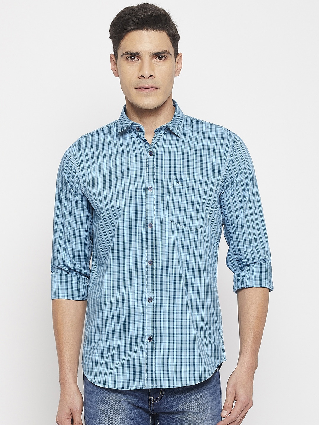 

Duke Men Comfort Slim Fit Checked Casual Cotton Shirt, Blue