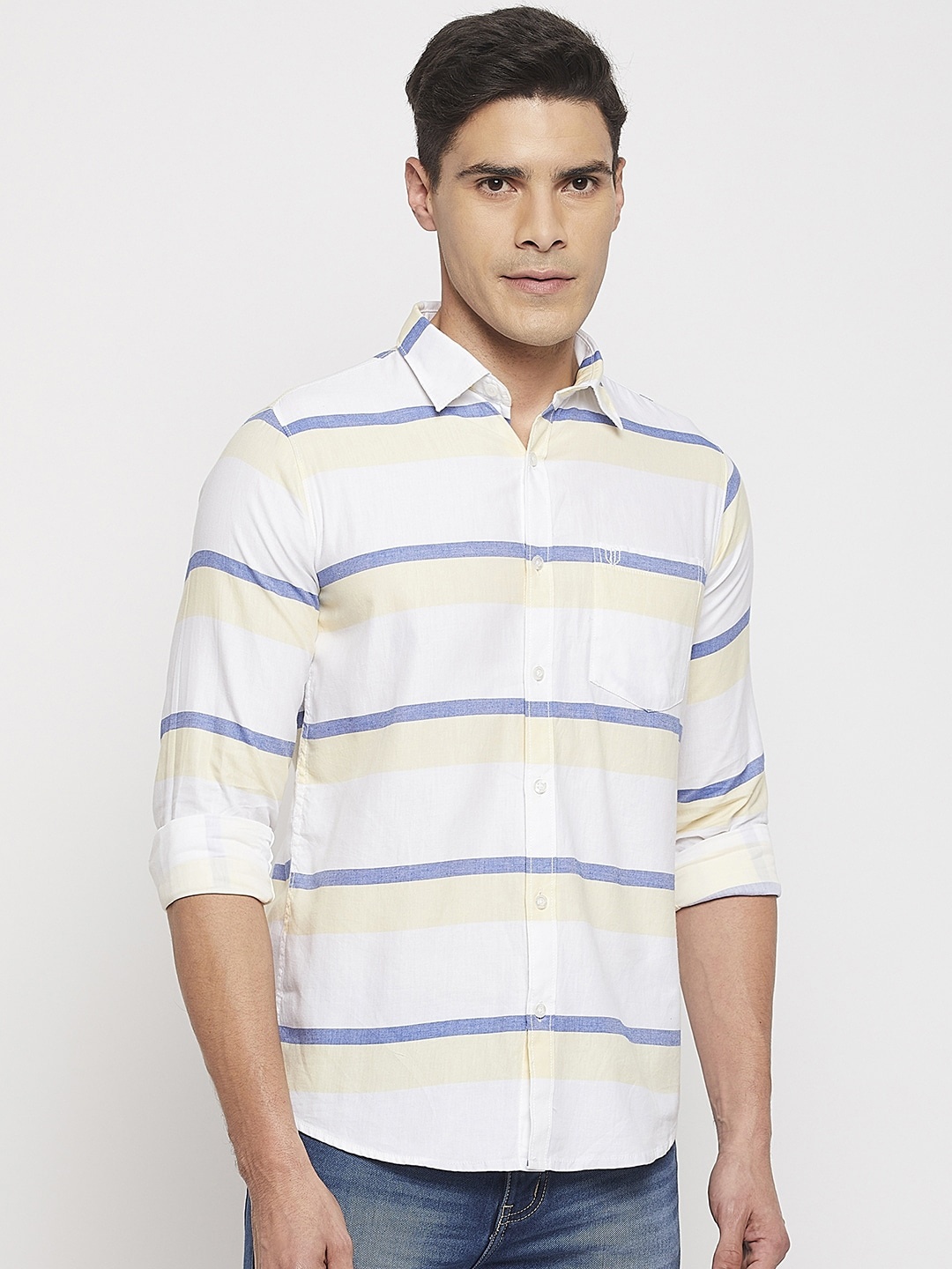 

Duke Men Comfort Slim Fit Striped Casual Cotton Shirt, White