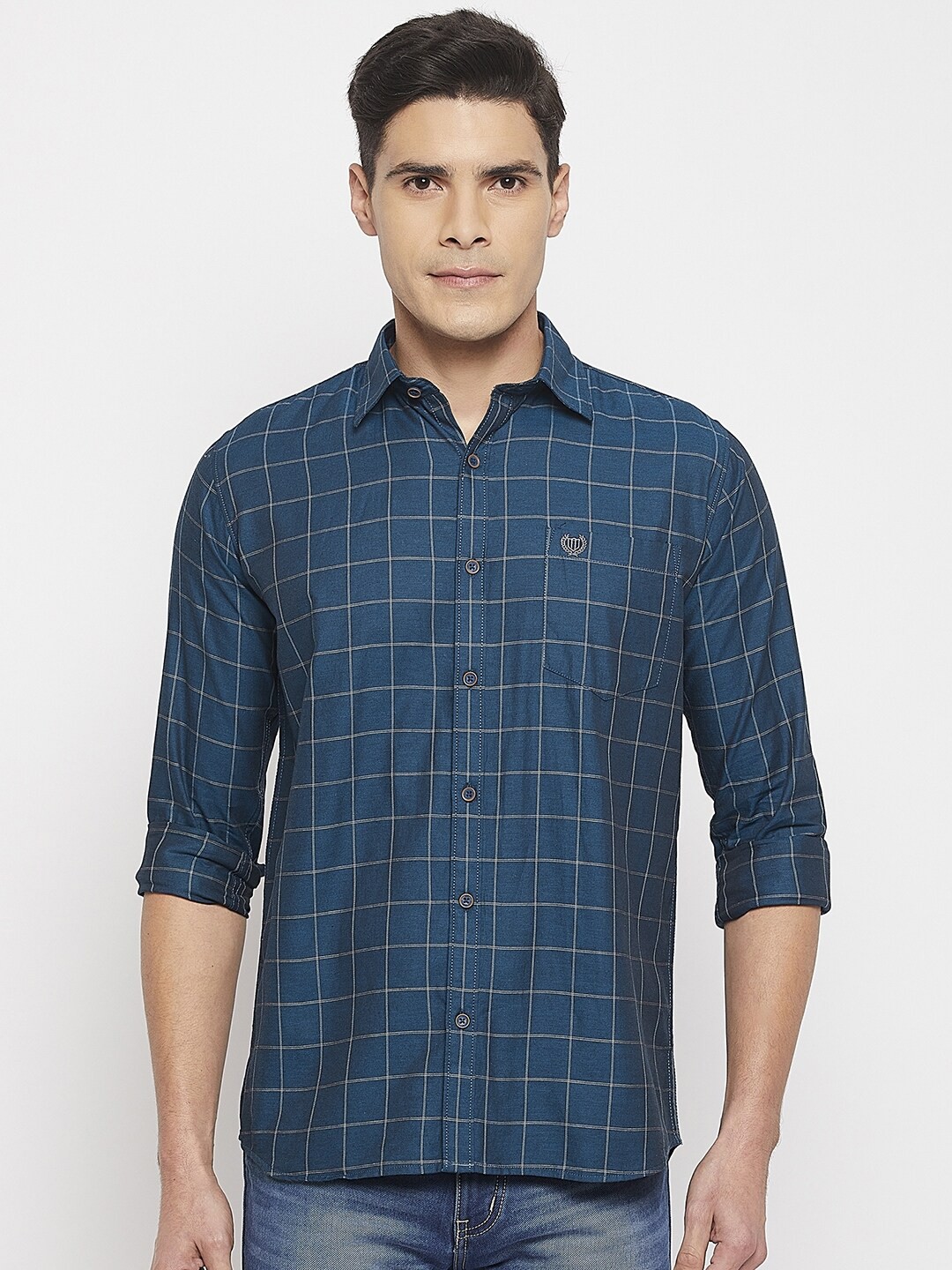 

Duke Men Comfort Slim Fit Grid Checked Casual Cotton Shirt, Blue