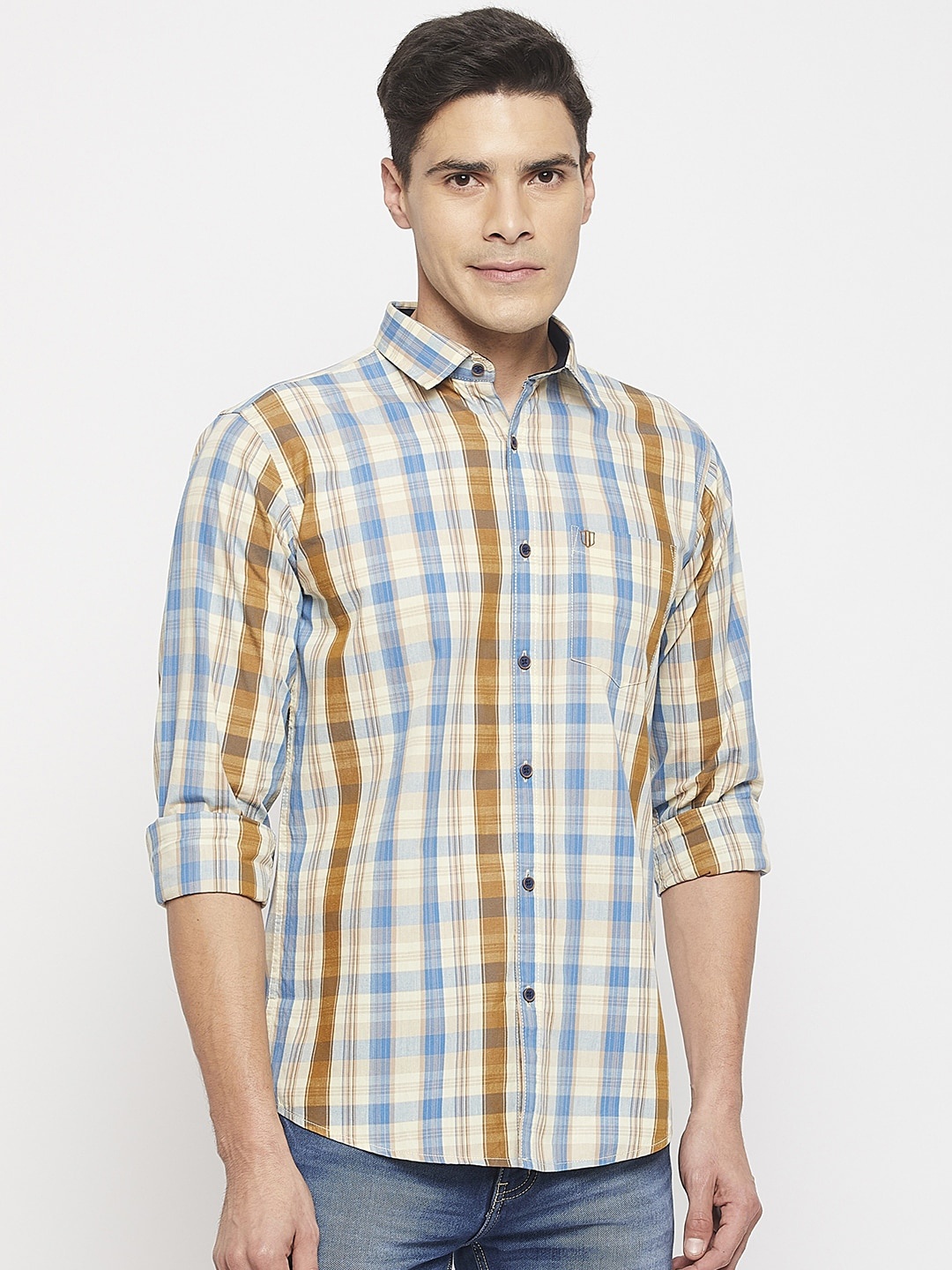 

Duke Men Comfort Slim Fit Checked Casual Cotton Shirt, Beige
