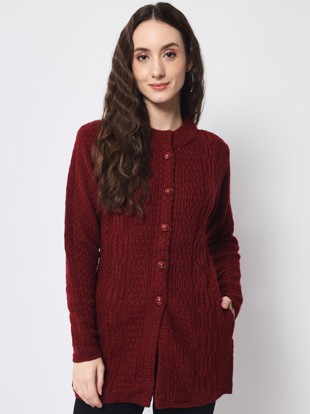 

DAiSY Women Cable Knit Longline Cardigan, Maroon