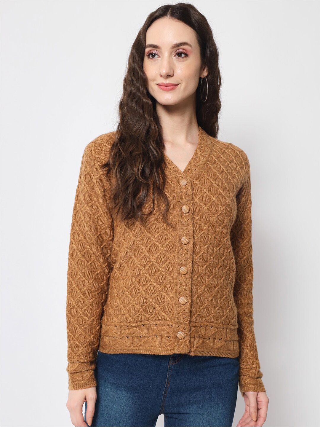 

DAiSY Women Cable Knit Acrylic Cardigan, Camel brown