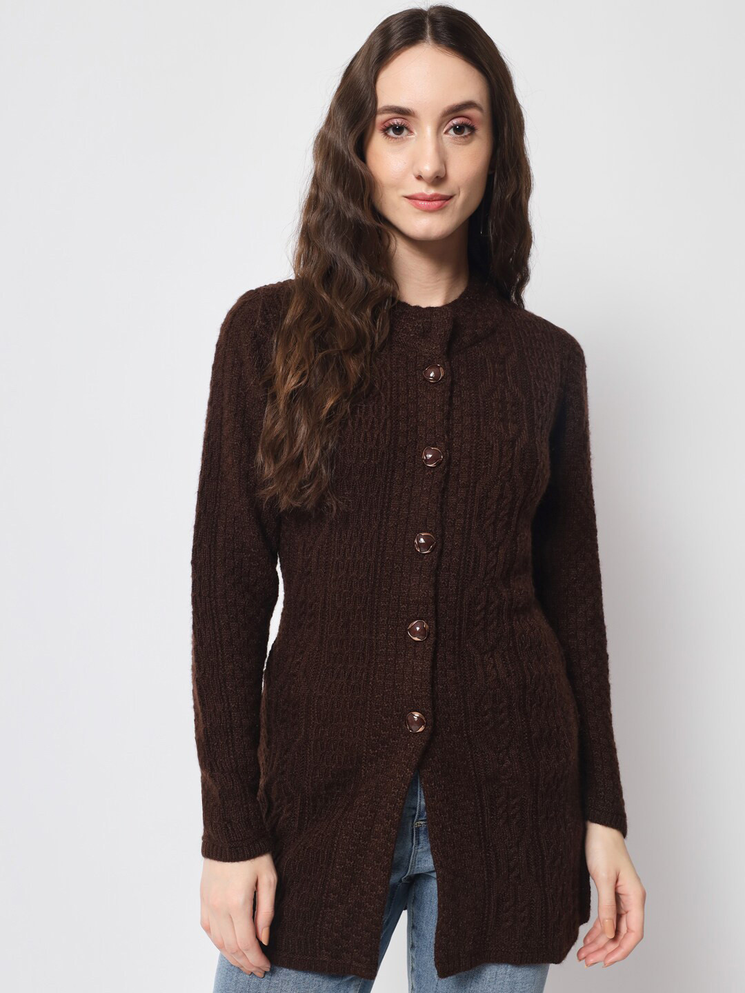 

DAiSY Women Cable Knit Longline Acrylic Cardigan, Coffee brown