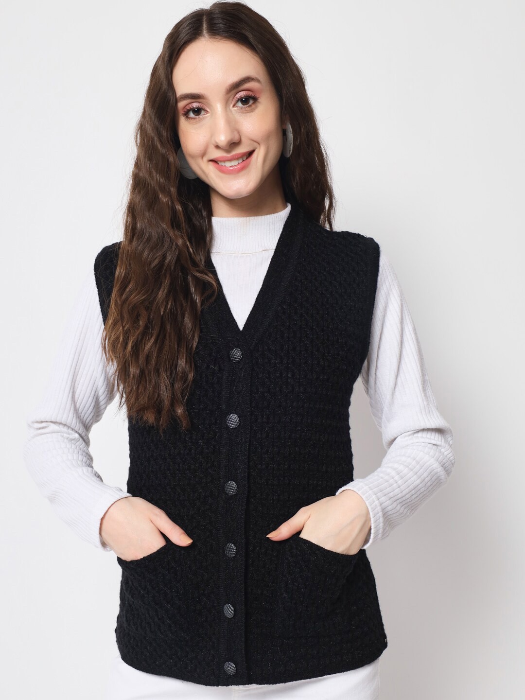 

DAiSY Women Cable Knit Sleeveless Cardigan Acrylic Sweater, Black