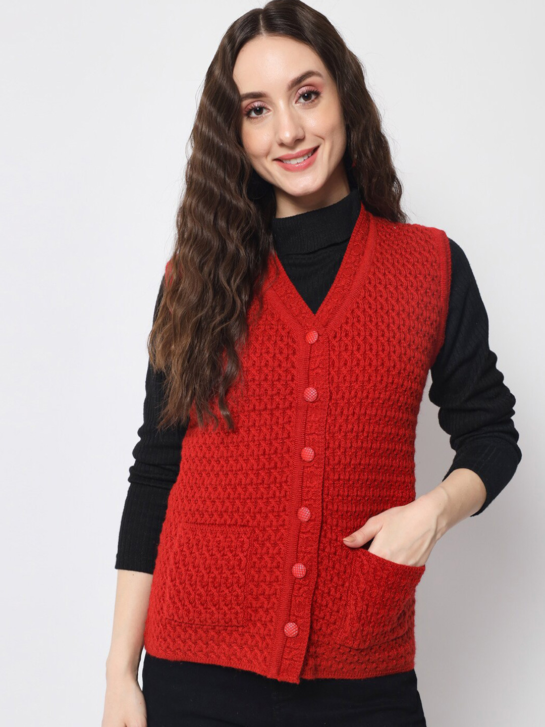 

DAiSY Women Cable Knit Sleeveless Cardigan Acrylic Sweater, Red