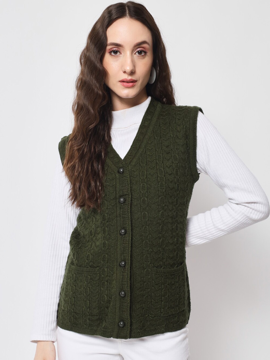 

DAiSY Women Cable Knit Sleeveless Cardigan Acrylic Sweater, Olive
