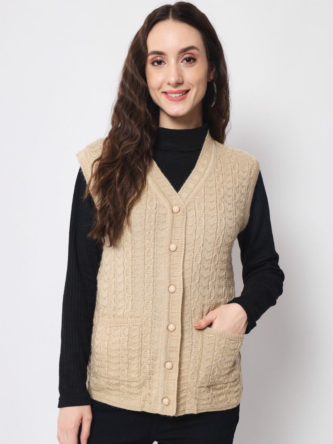 

DAiSY Women Cable Knit Sleeveless Cardigan Acrylic Sweater, Beige