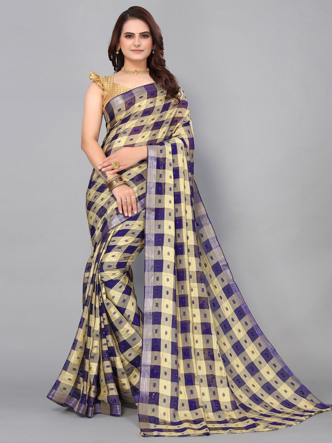 

KALINI Poly Chiffon Checked Zari Saree, Blue
