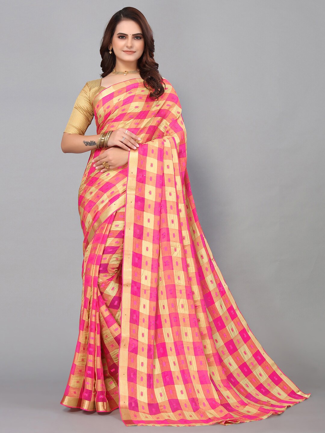 

KALINI Poly Chiffon Checked Zari Saree, Pink