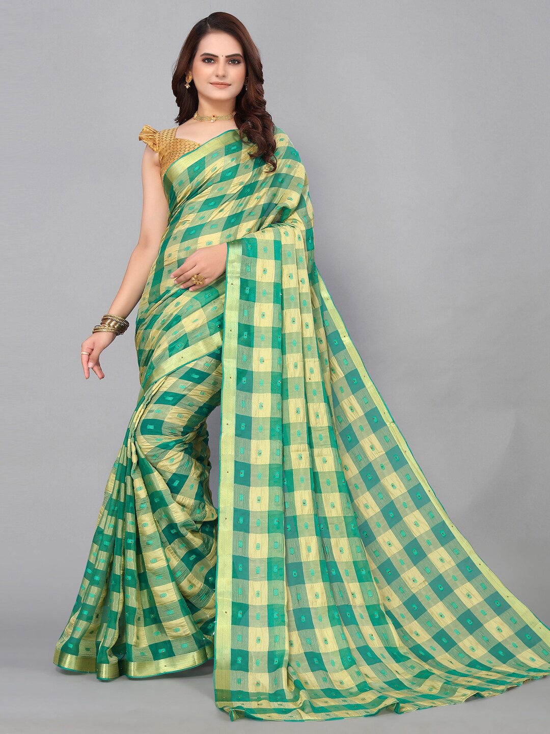 

KALINI Poly Chiffon Checked Zari Saree, Green