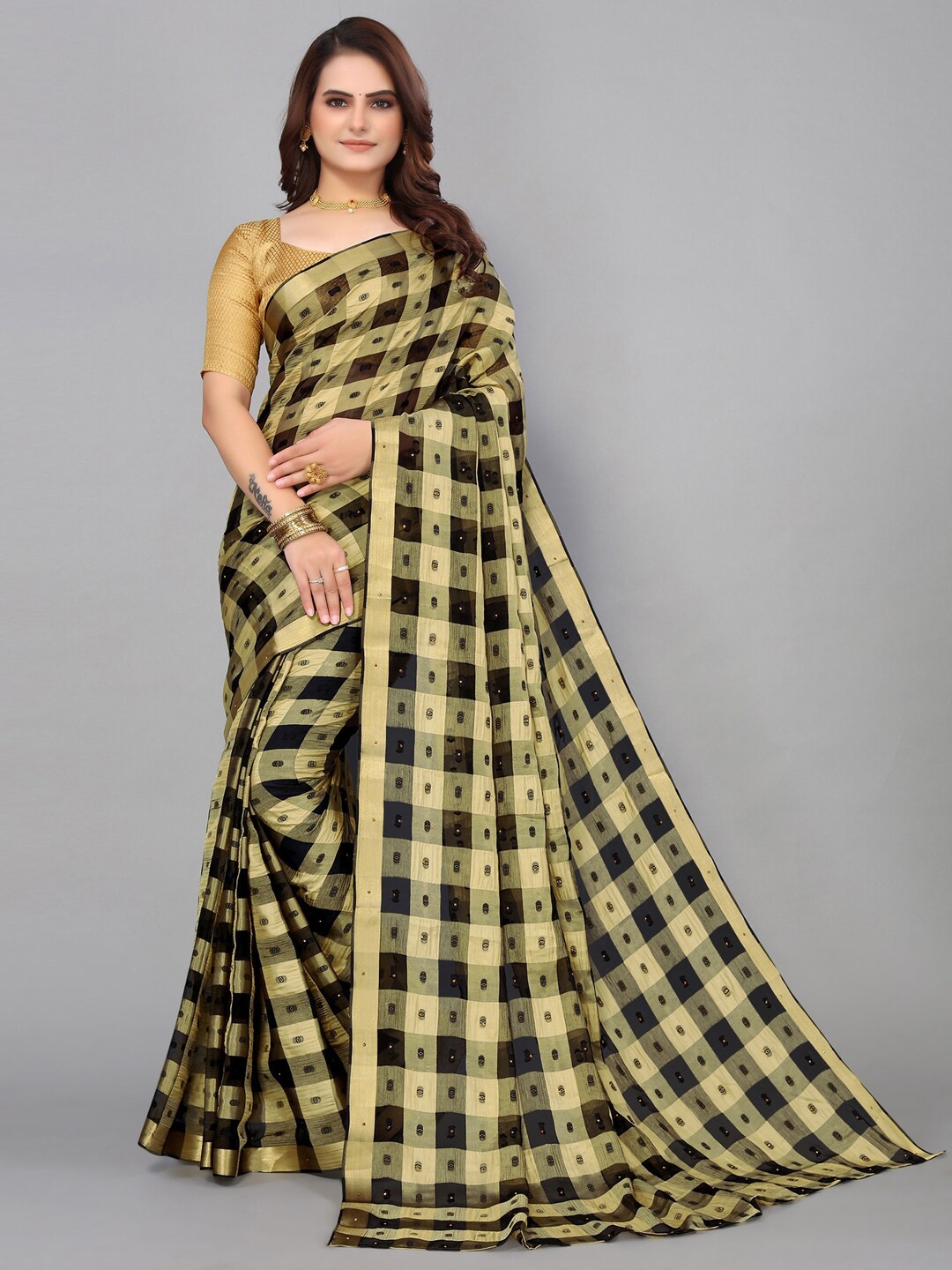 

KALINI Poly Chiffon Checked Zari Saree, Black