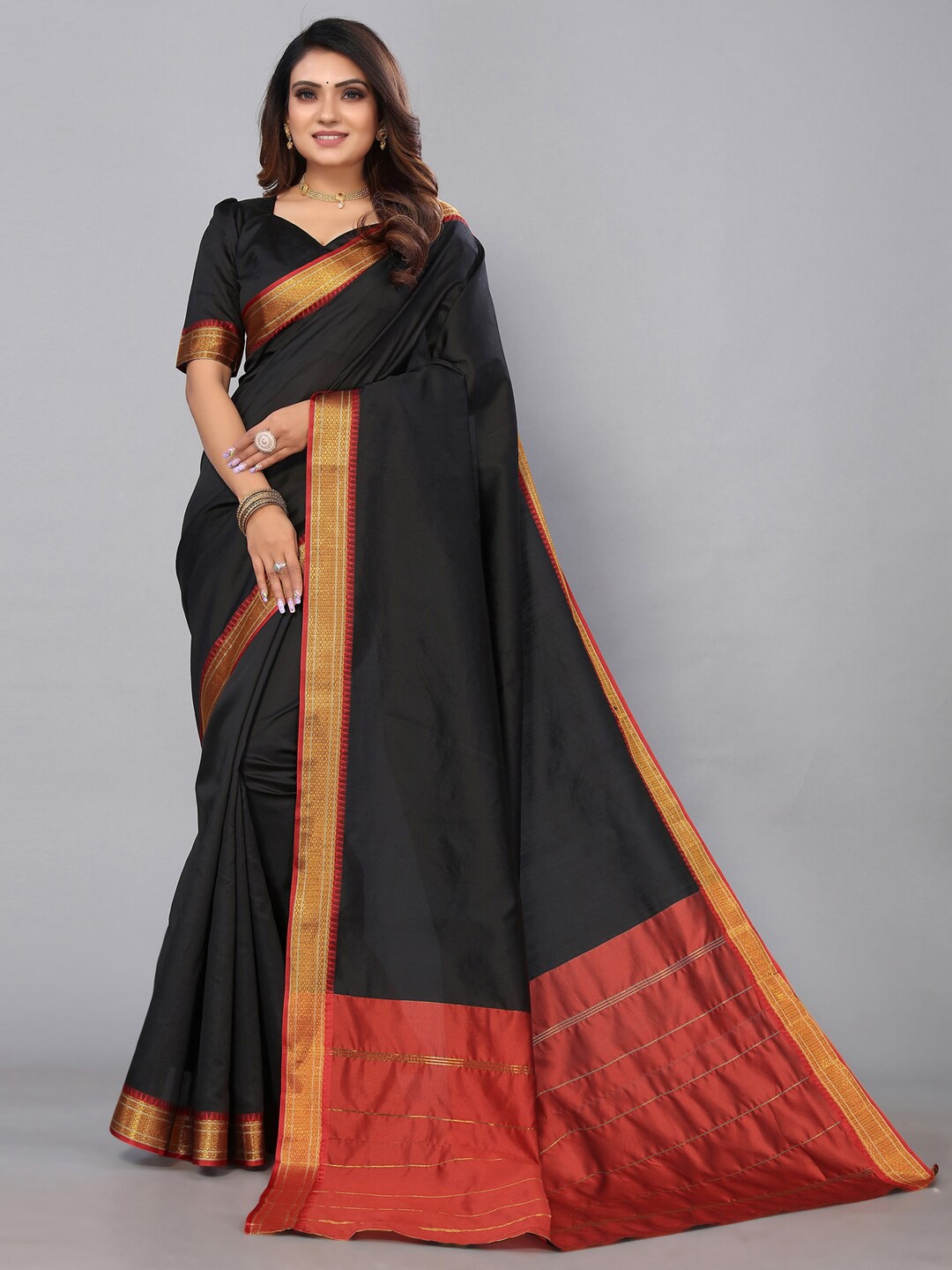 

KALINI Solid Woven Design Border Zari Saree, Black