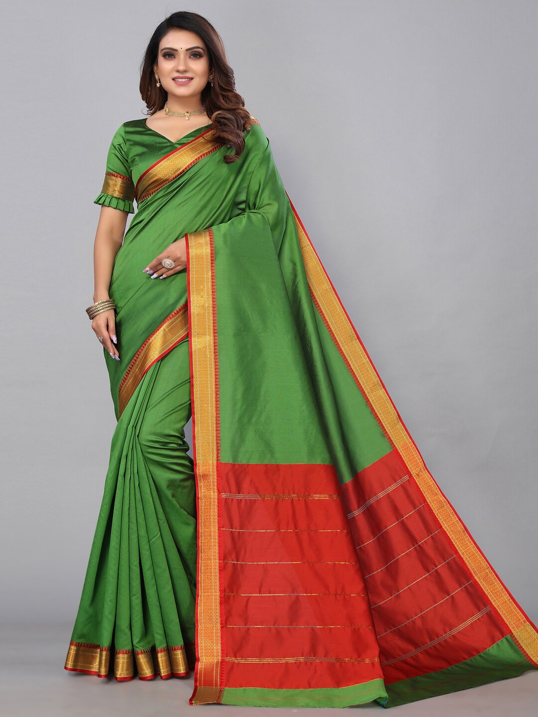 

KALINI Solid Woven Design Border Zari Saree, Green