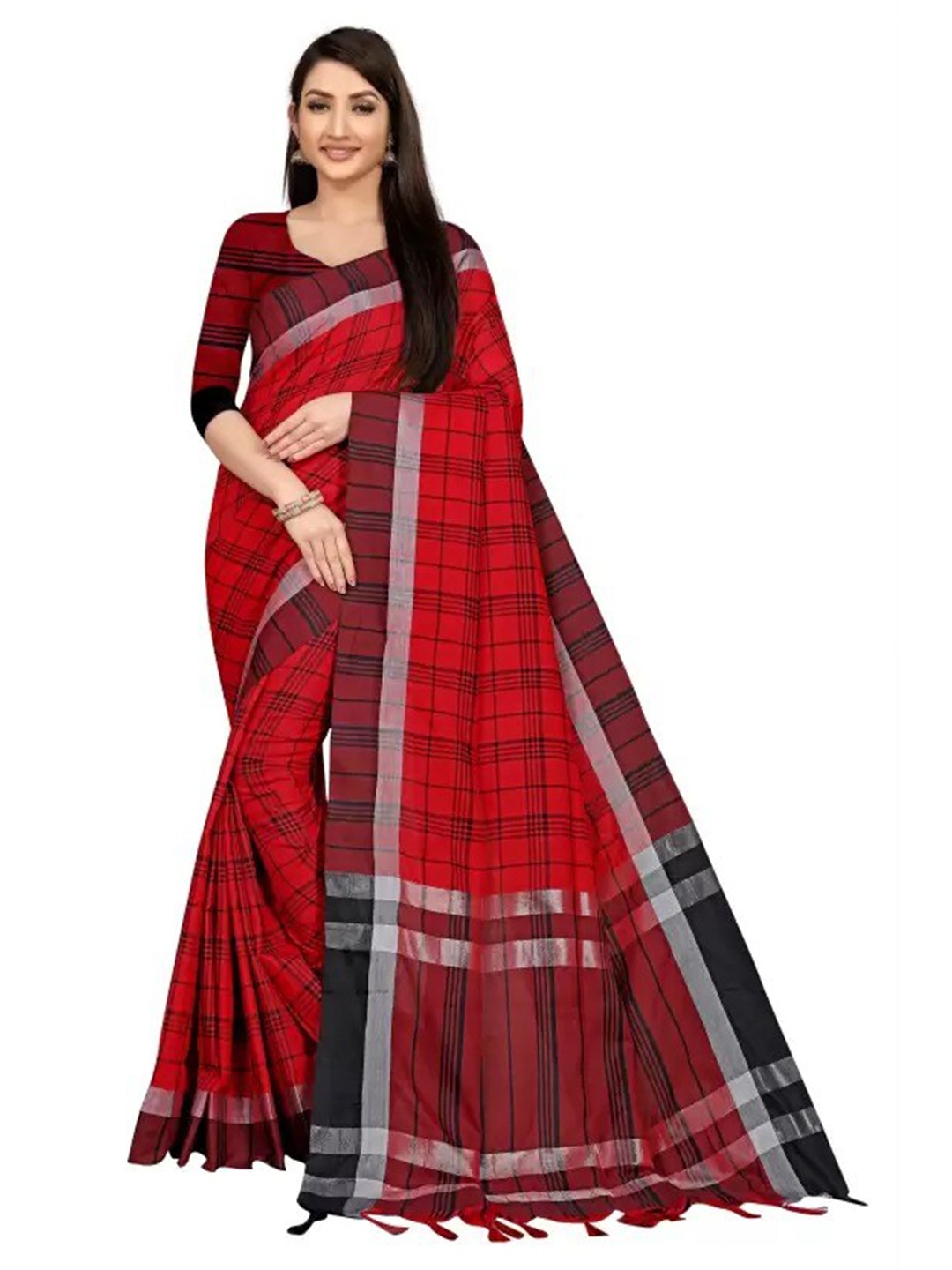 

KALINI Checked Zari Silk Cotton Saree, Red