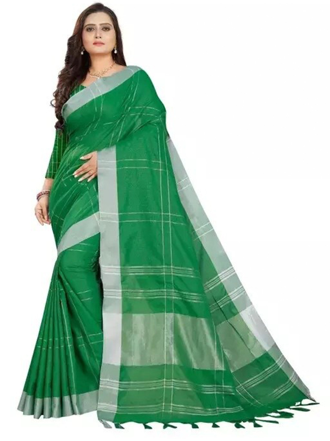 

KALINI Checked Zari Silk Cotton Saree, Green