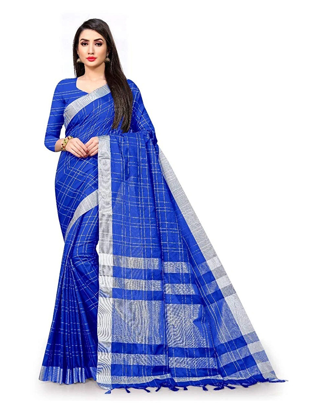 

KALINI Checked Zari Silk Cotton Saree, Blue