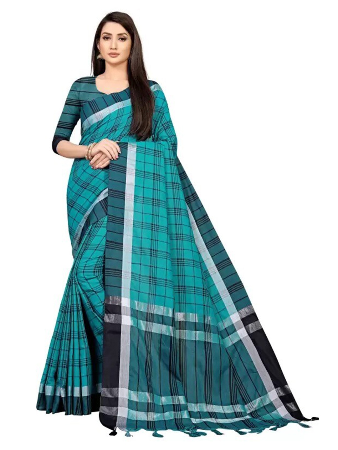 

KALINI Checked Zari Silk Cotton Saree, Teal