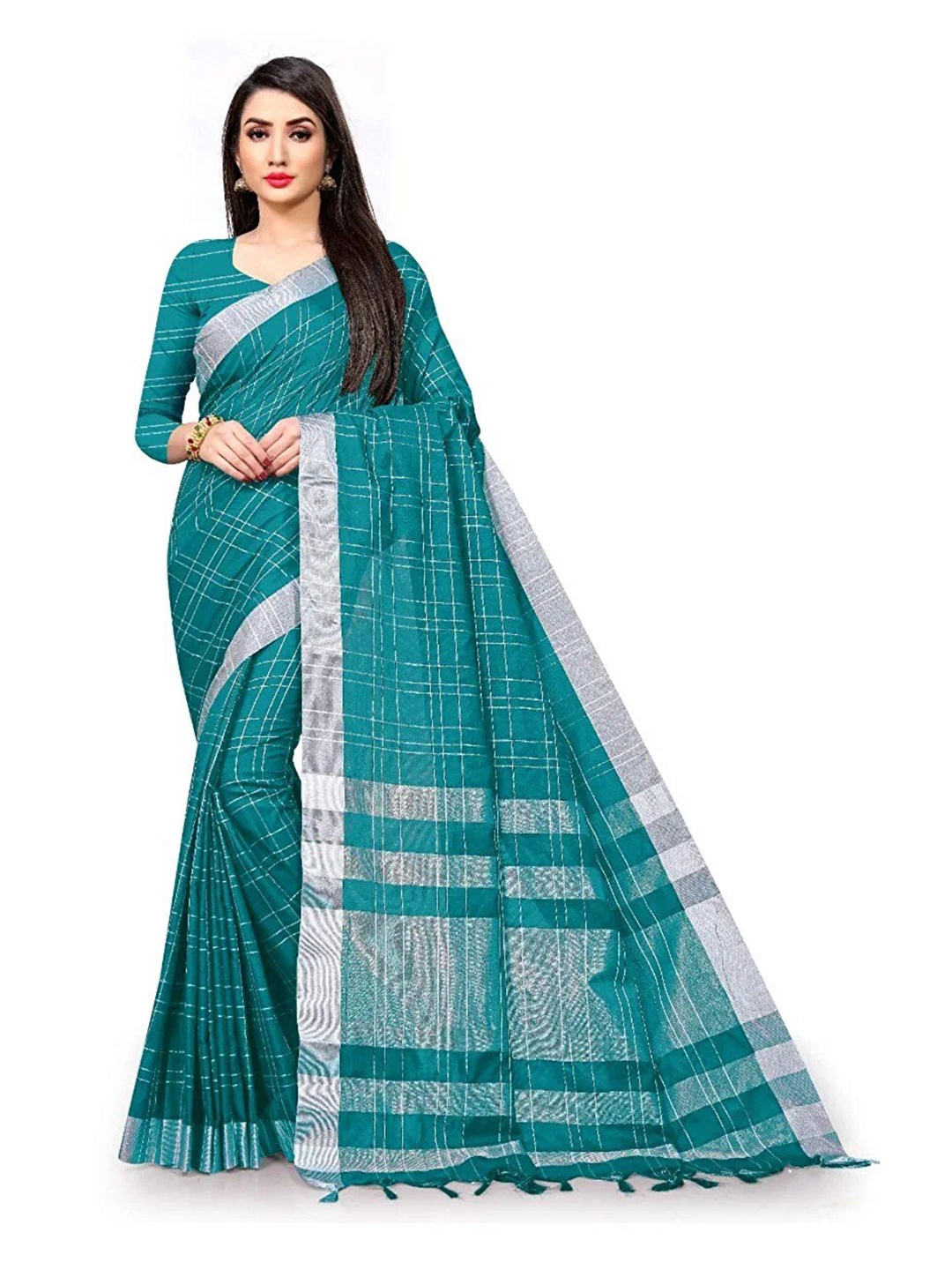

KALINI Checked Zari Silk Cotton Saree, Teal