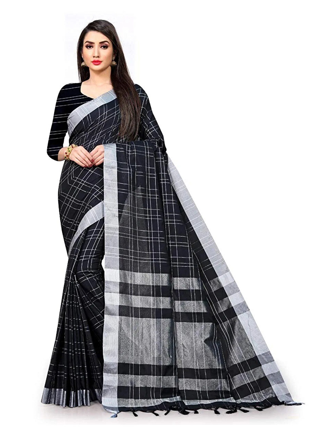 

KALINI Checked Zari Silk Cotton Saree, Black