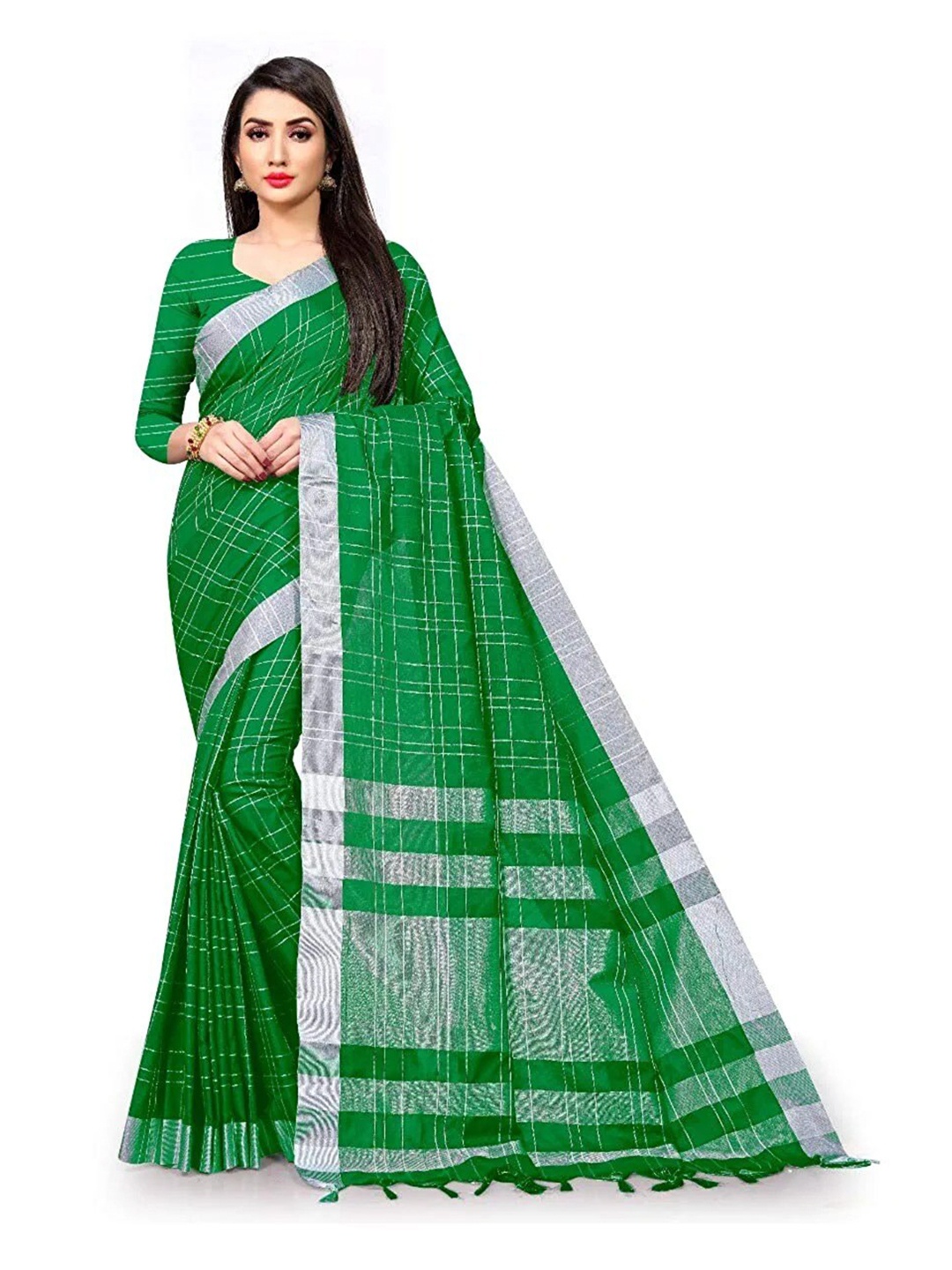 

KALINI Checked Zari Silk Cotton Saree, Green