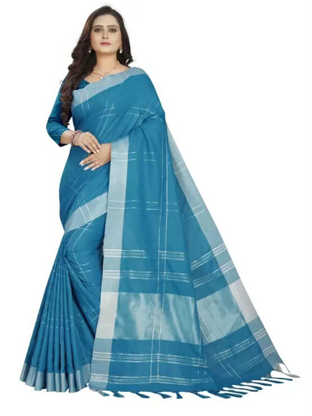 

KALINI Checked Zari Silk Cotton Saree, Turquoise blue