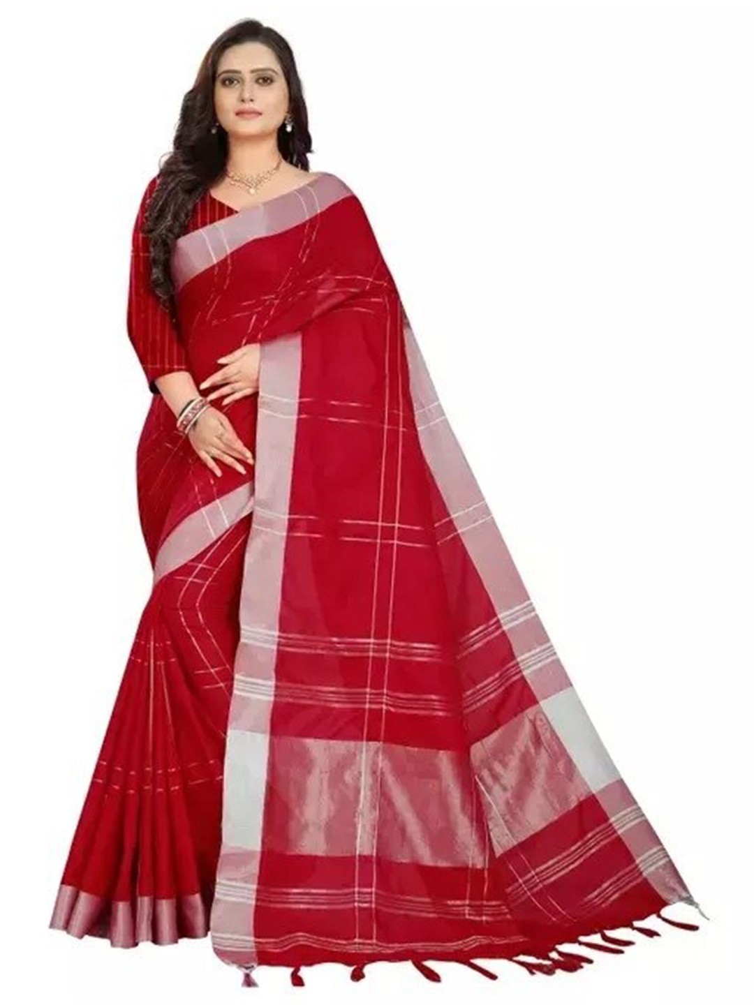

KALINI Checked Zari Silk Cotton Saree, Red