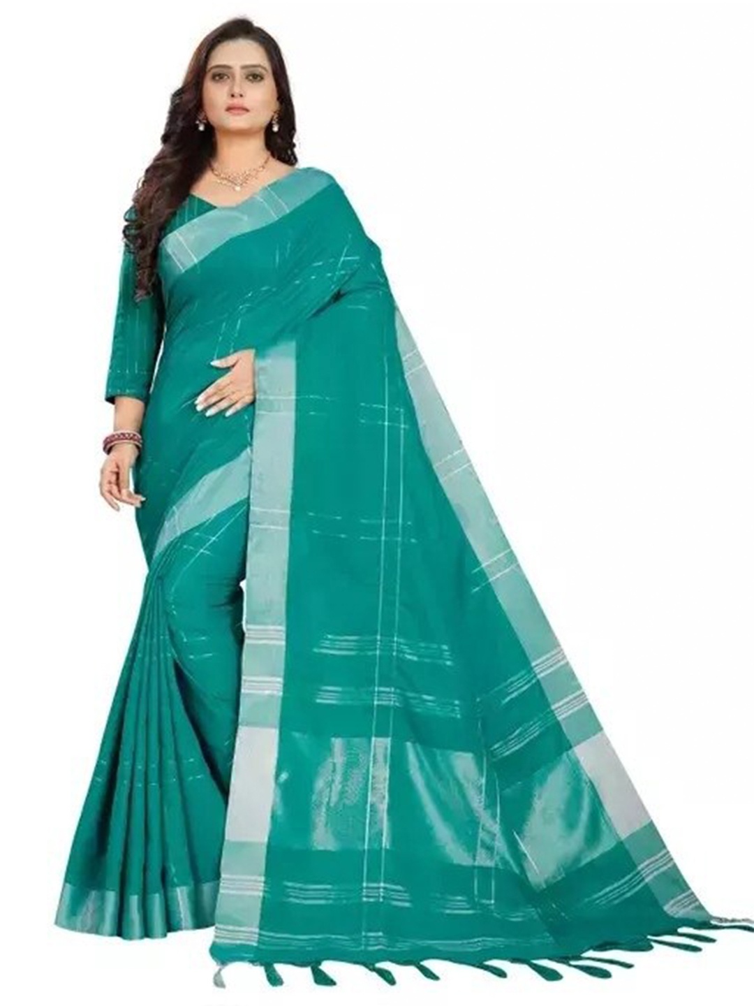 

KALINI Checked Zari Silk Cotton Saree, Teal