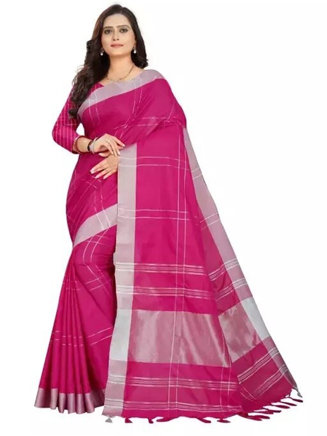 

KALINI Checked Zari Silk Cotton Saree, Pink
