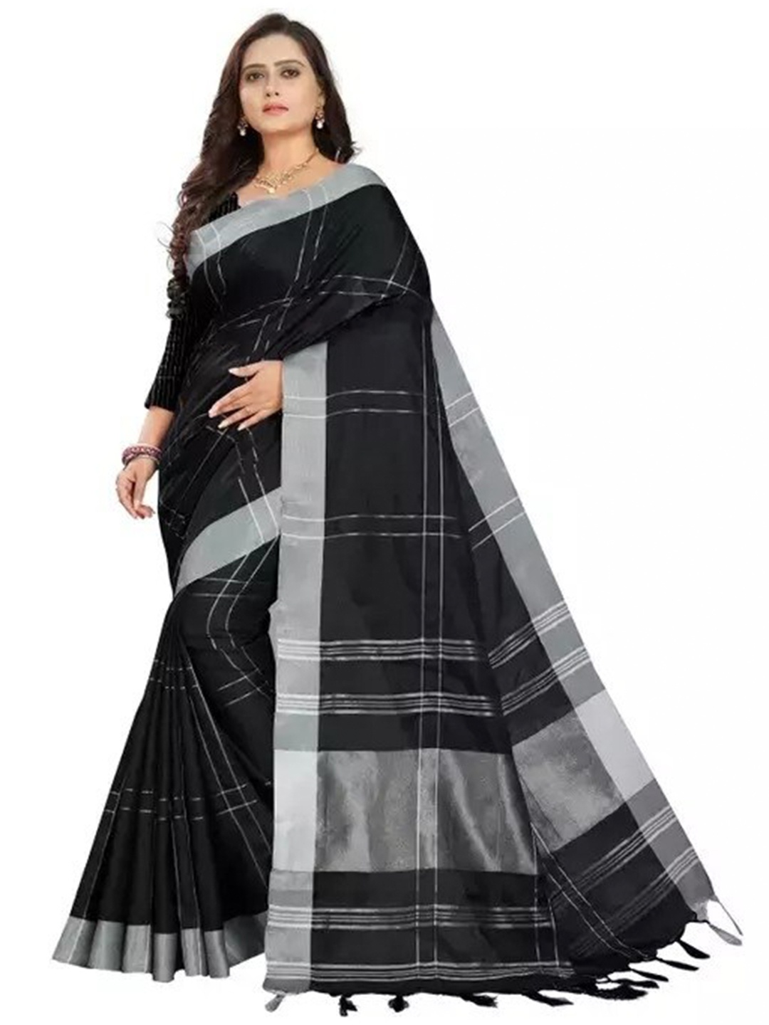 

KALINI Checked Zari Silk Cotton Saree, Black