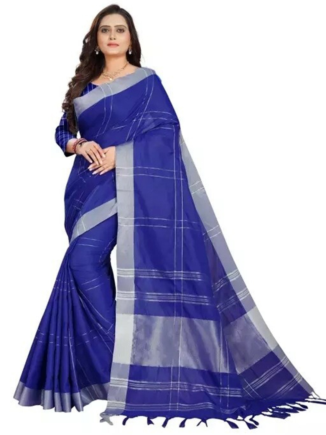 

KALINI Checked Zari Silk Cotton Saree, Blue
