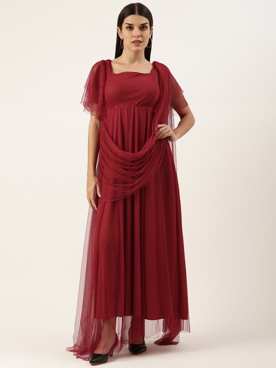 

U&F Net Flared Sleeves Maxi Dress, Red