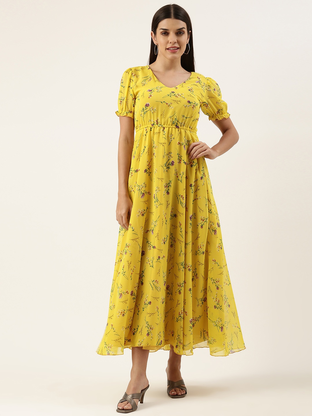 

U&F Floral Georgette Puff Sleeves Maxi Dress, Yellow