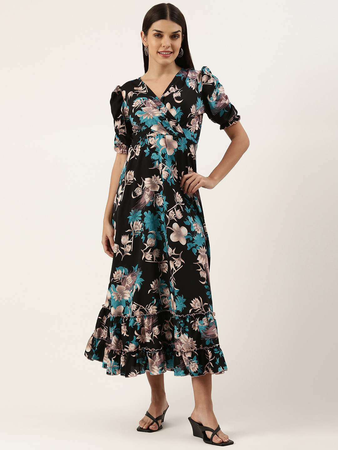 

U&F Floral Crepe Puff Sleeves Tiered Midi Dress, Black