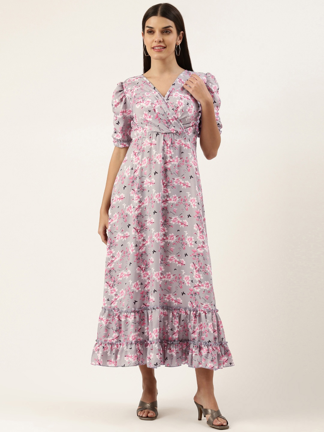 

U&F Floral Crepe Puff Sleeves Tiered Midi Dress, Grey