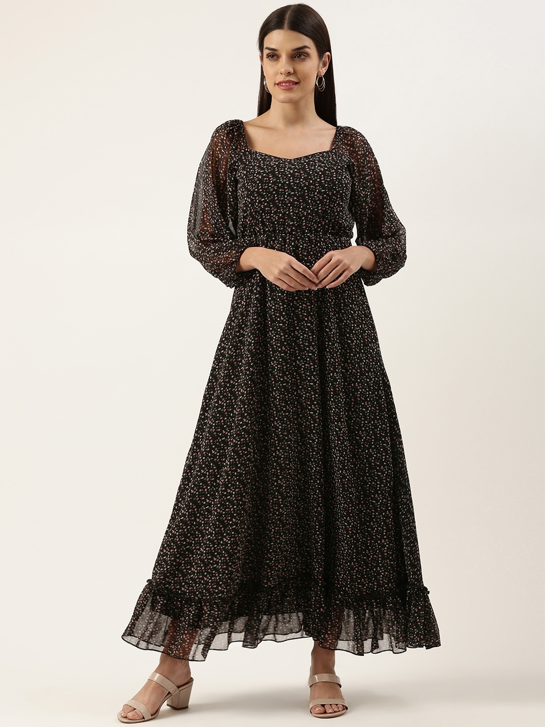 

U&F Floral Georgette Sweetheart Neck Puff Sleeves Tiered Maxi Dress, Black