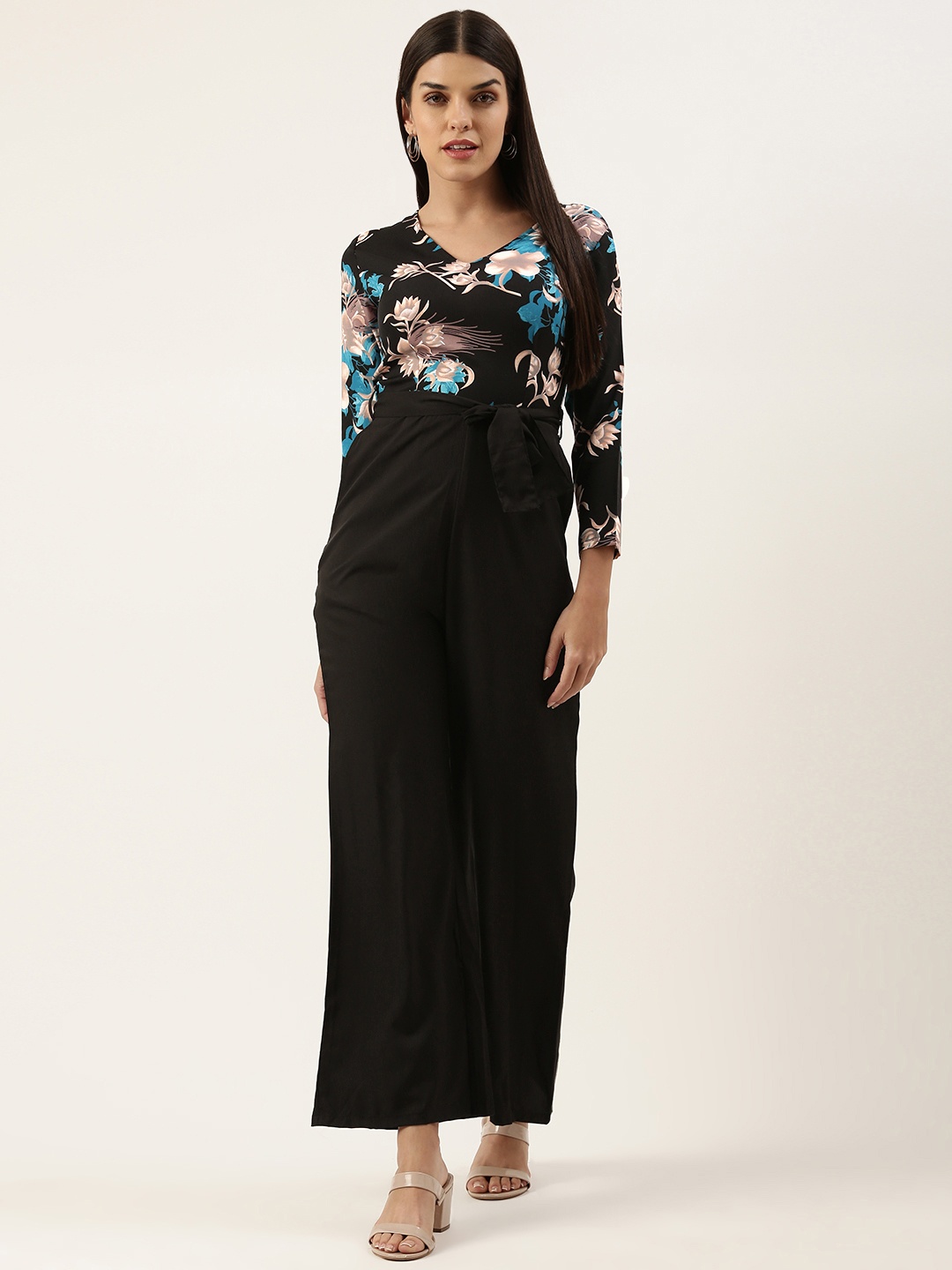 

U&F Printed Basic Jumpsuit With Waist Tie-Ups, Black