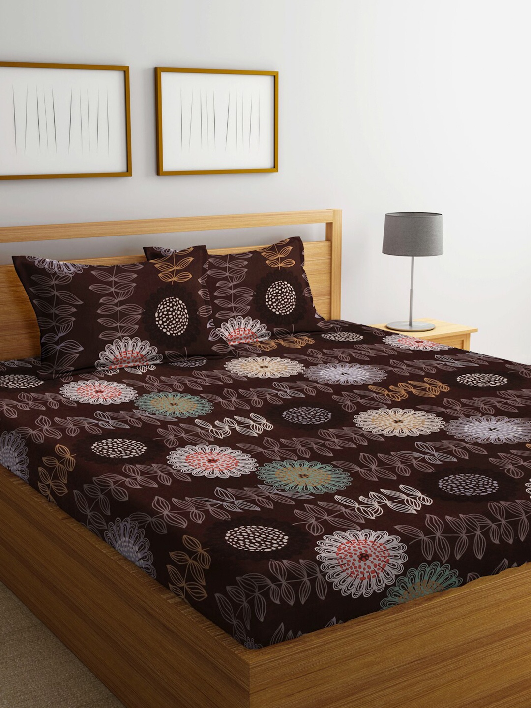 

KLOTTHE Brown & Pink Floral 300 TC King Bedsheet with 2 Pillow Covers