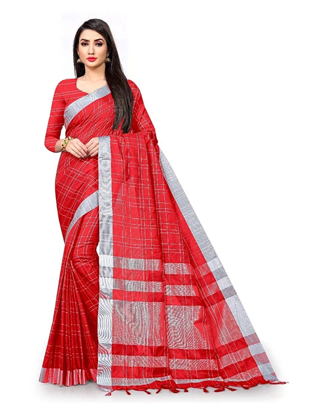 

Florence Checked Zari Silk Cotton Saree, Red