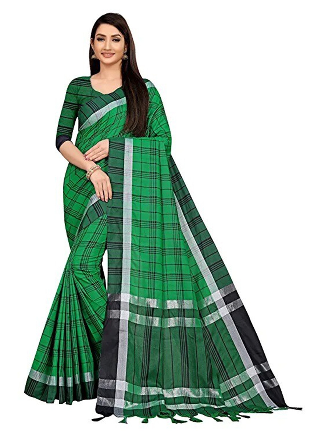 

Florence Checked Zari Silk Cotton Saree, Green