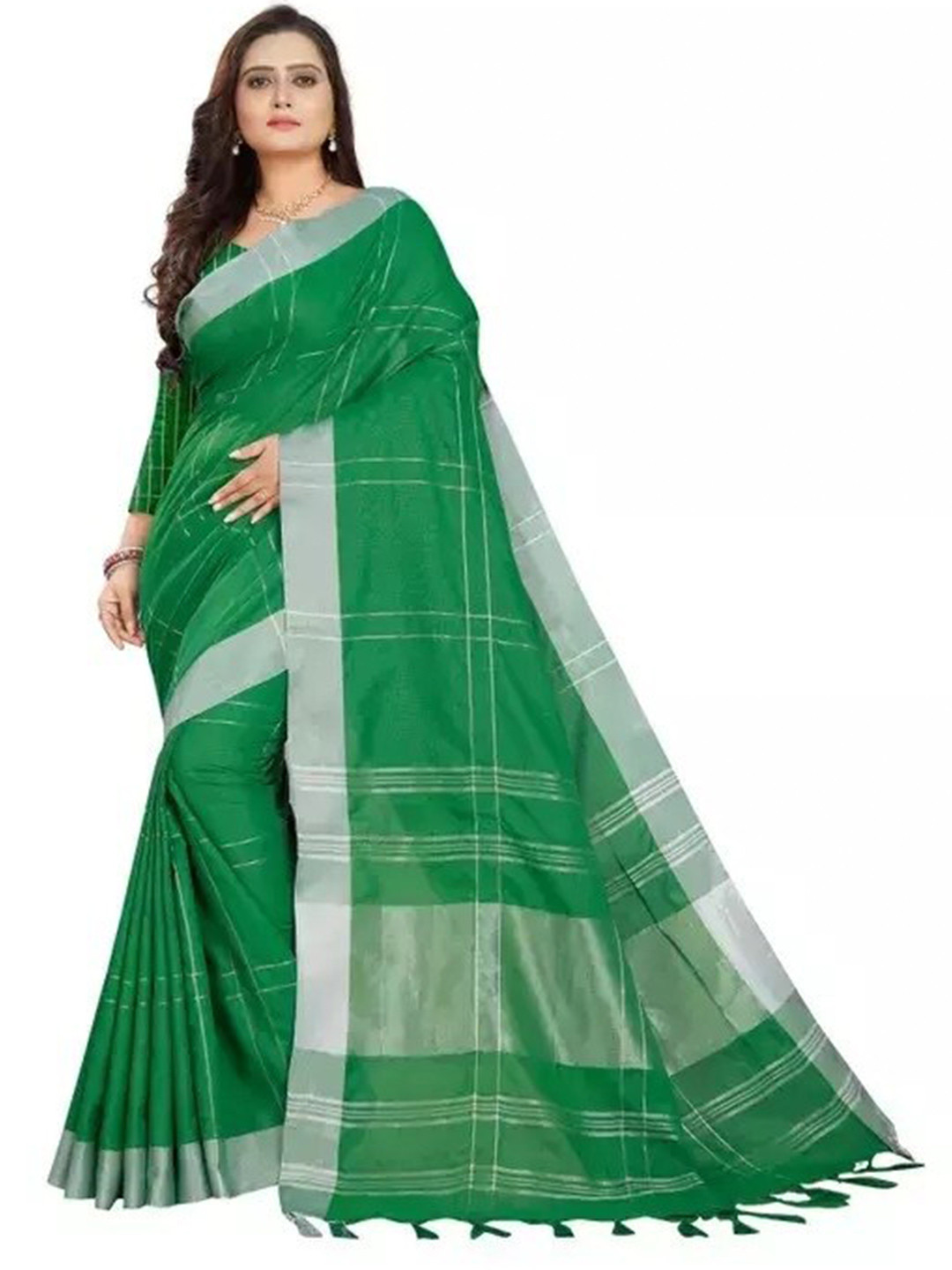 

Florence Checked Zari Silk Cotton Saree, Green