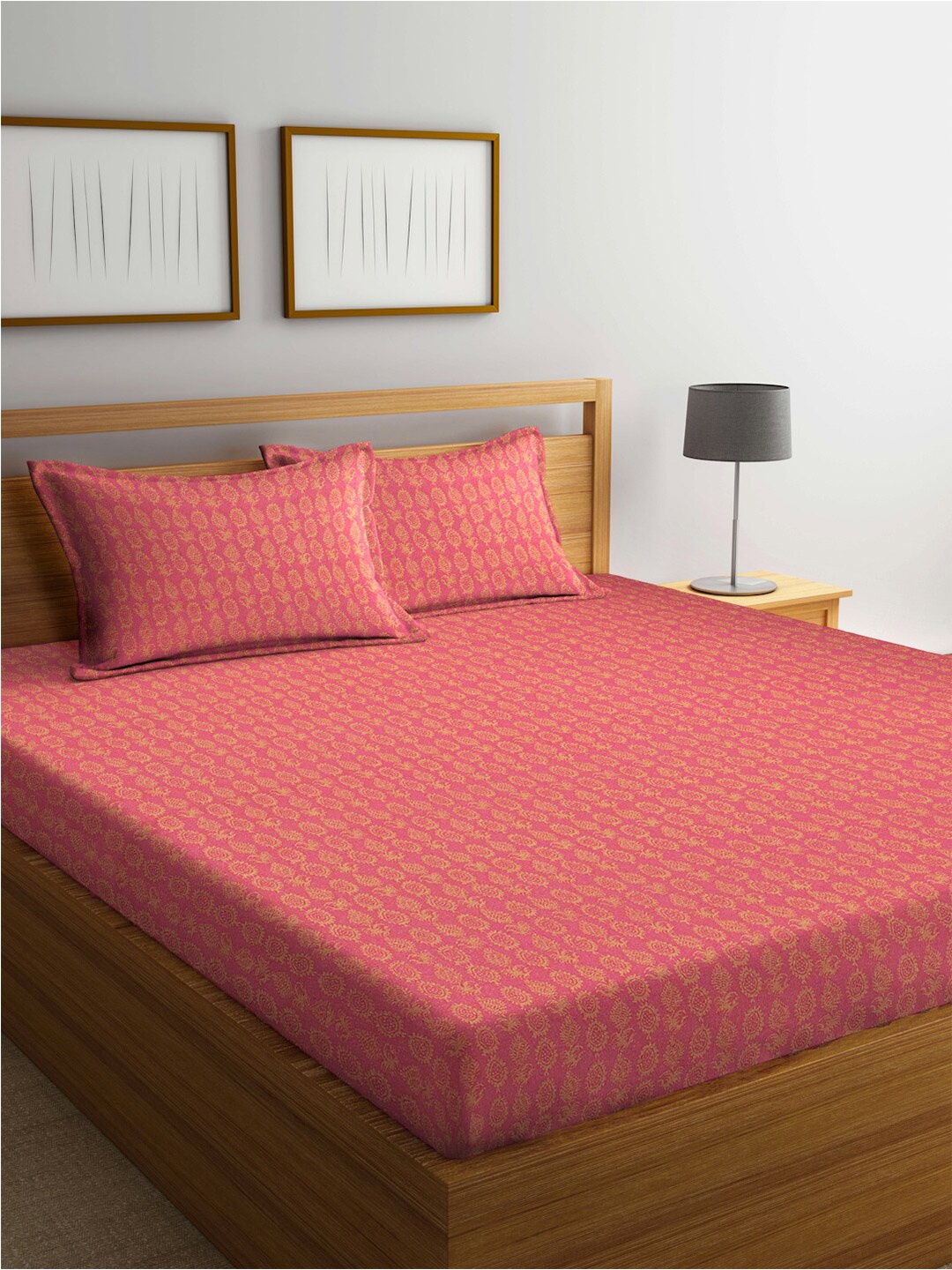 

KLOTTHE Pink & Yellow Floral 400 TC Pure Cotton King Bedsheet with 2 Pillow Covers