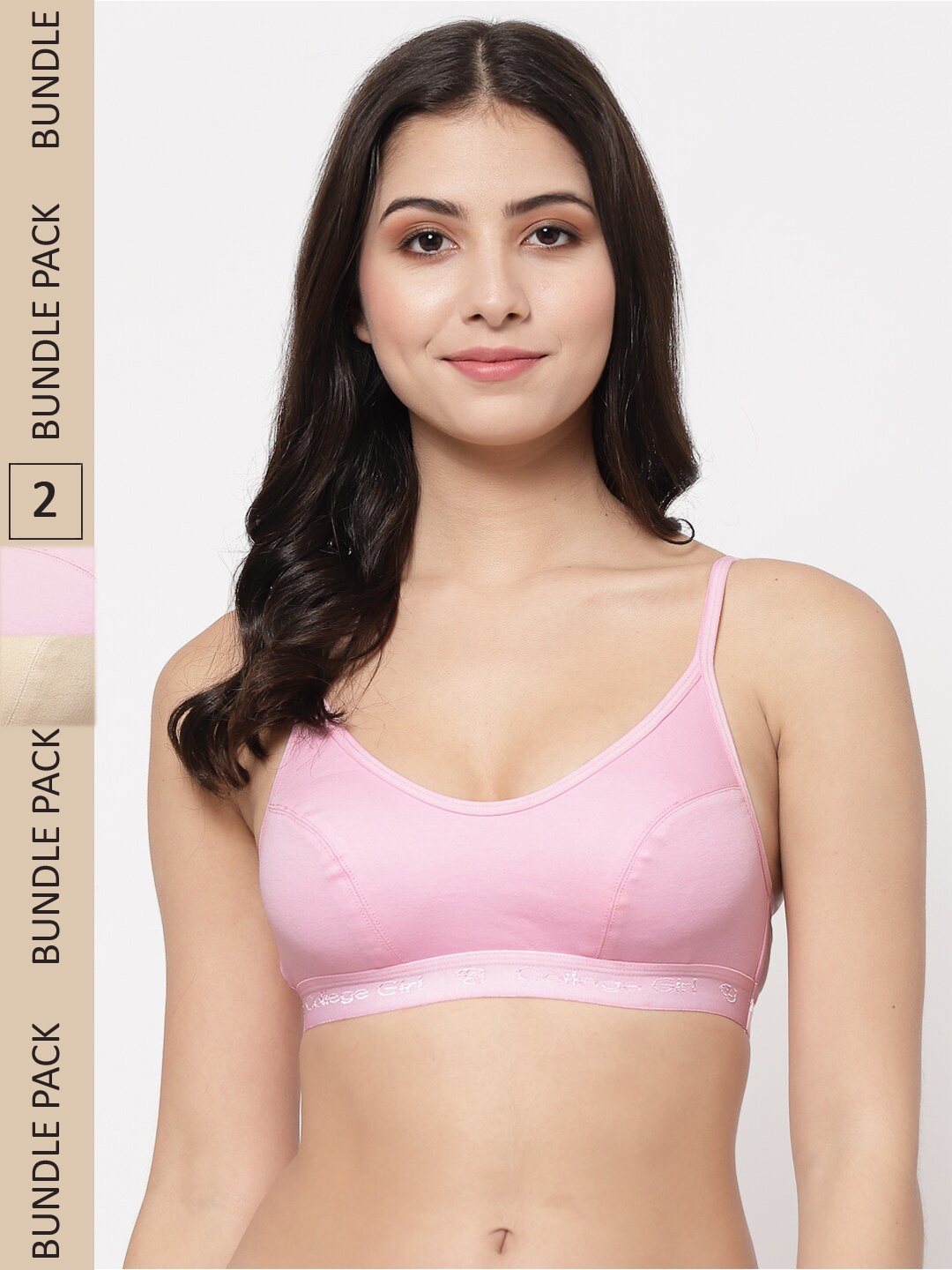 

College Girl Pack of 2 Non-Padded Non-Wired Cotton Sports Bra CG-SB08-Pnk-Skn, Pink
