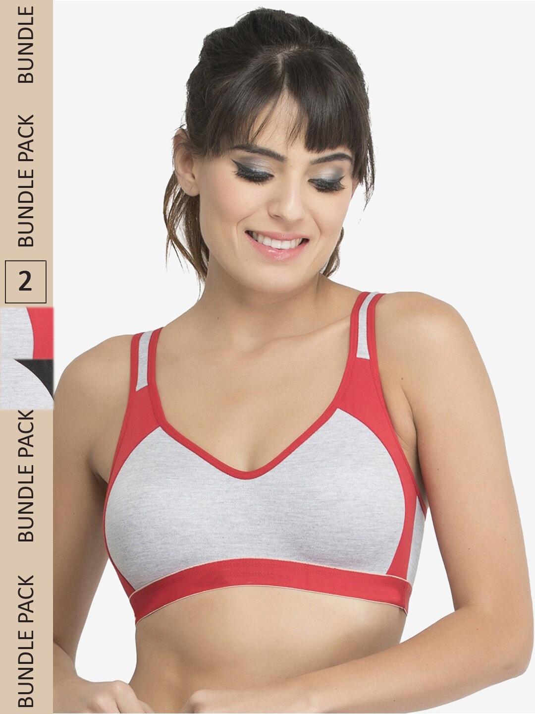 

College Girl Pack of 2 Non-Padded Non-Wired Cotton Sports Bra CG-Sporty-Rd-Blk, Grey