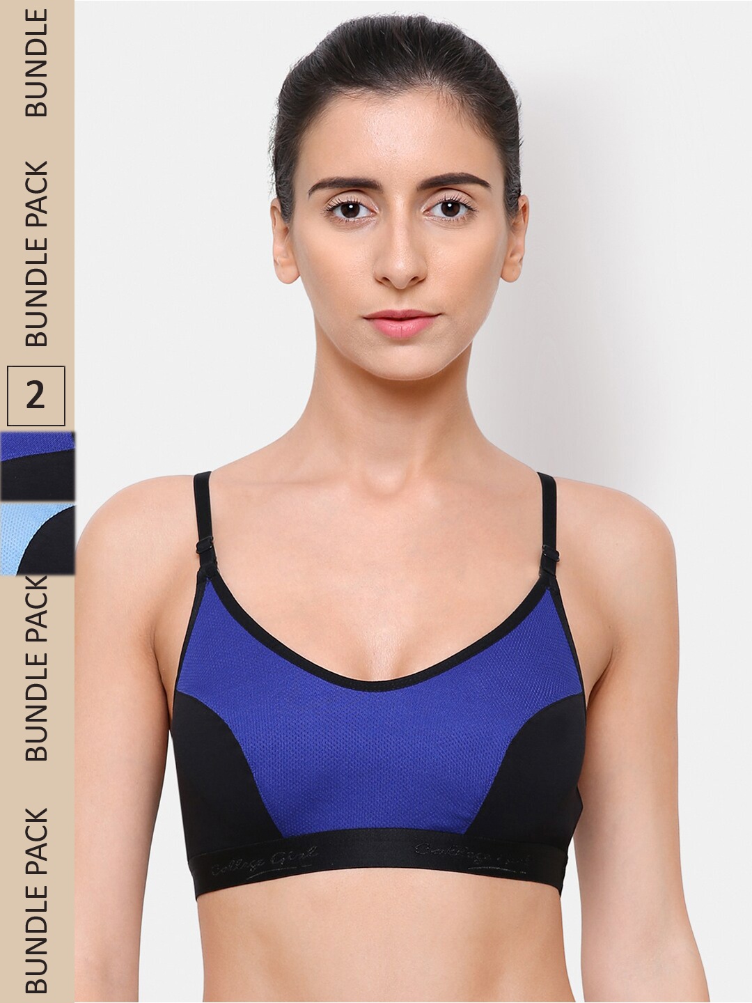 

College Girl Pack of 2 Non-Padded Non-Wired Cotton Sports Bra CG-SB10-RylBlu-SkyBlu, Blue