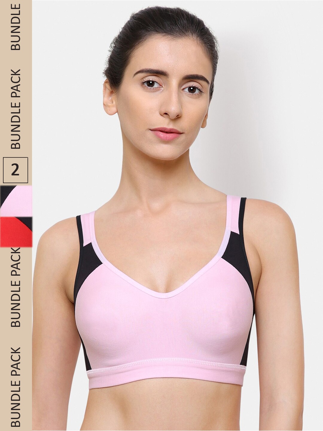 

College Girl Pack of 2 Non-Padded Non-Wired Cotton Sports Bra CG-SB15-Pnk-Rd, Red