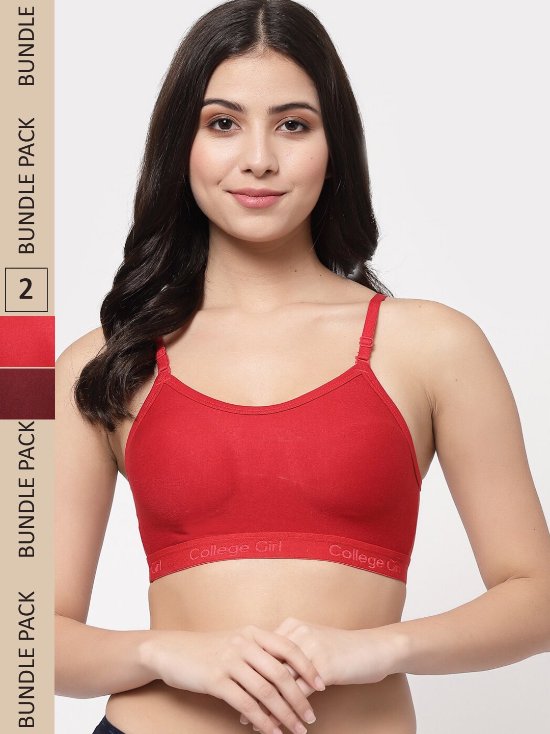 

College Girl Pack of 2 Non Padded Non-Wired Seamless Workout Bra CG-CoscoSports, Red
