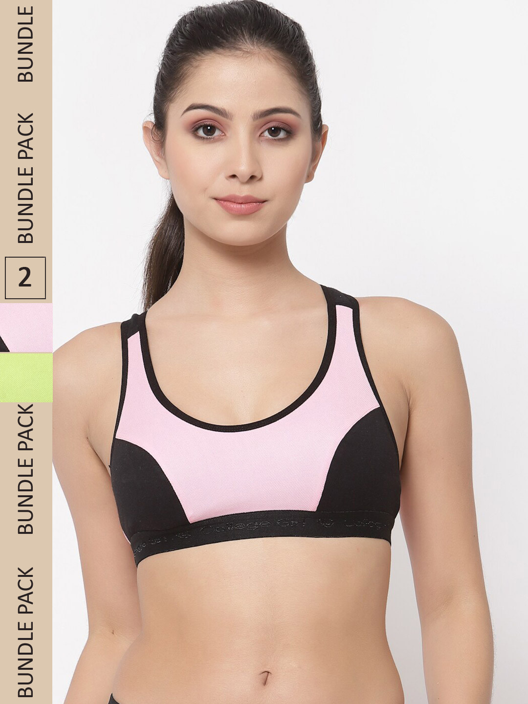 

College Girl Pack Of 2 Cotton Colourblocked Bra, Green