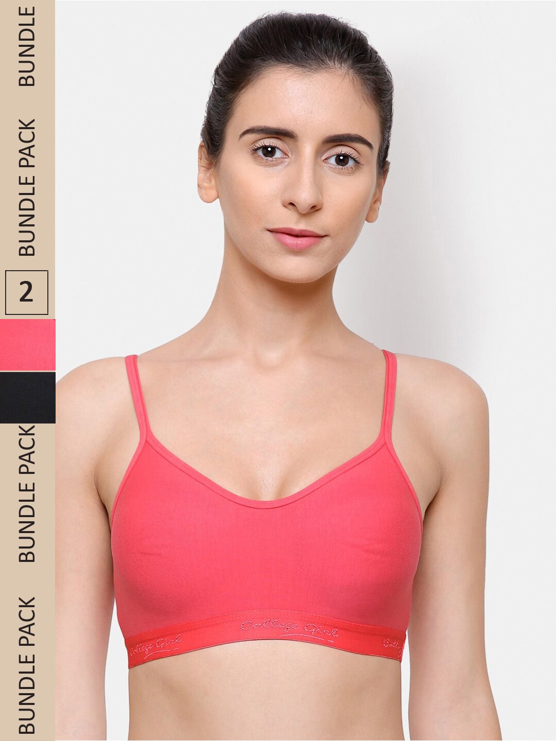 

College Girl Pack of 2 Cotton Non Wired Workout Bra, Black