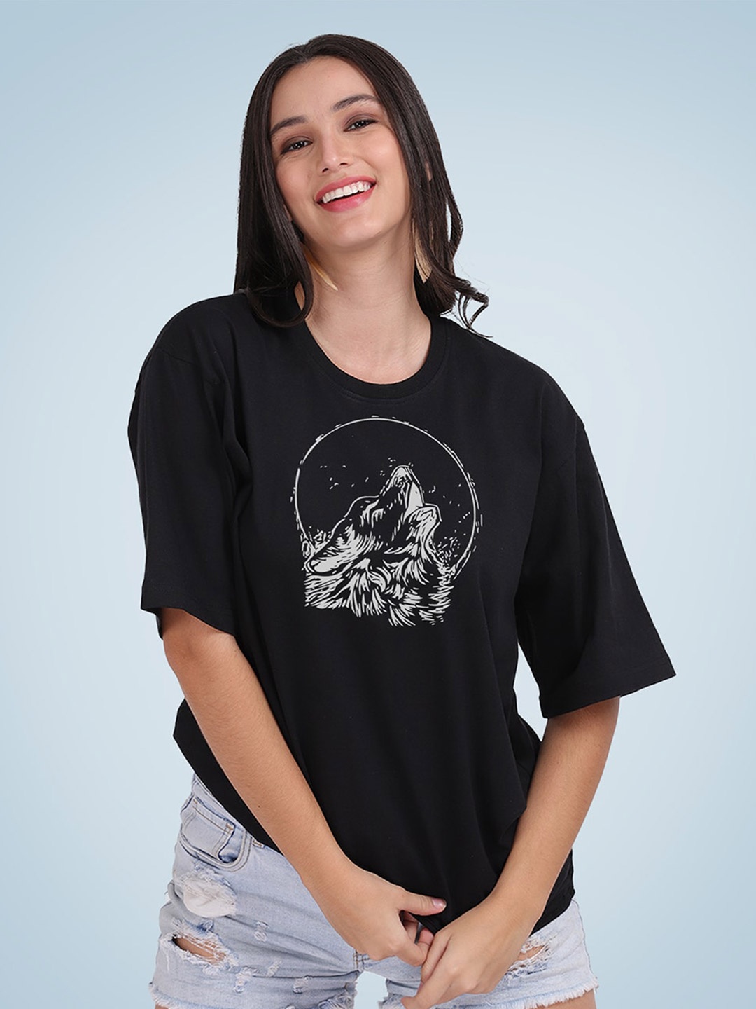 

Mad Over Print Women Cotton Printed Loose T-shirt, Black